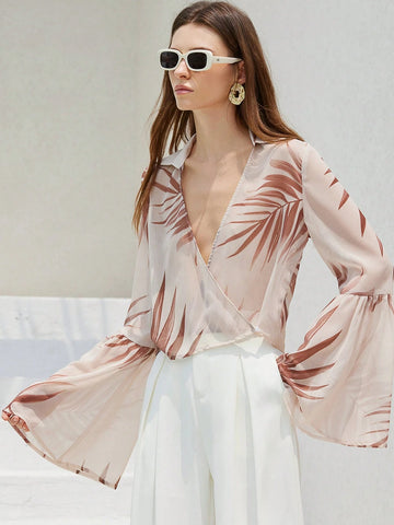 Modichic New Fashion Elegant French Style Women Vacation Beach Tropical Leaf Print Semi-Sheer Crisscross V-Neck Flare Long Sleeve Blouse