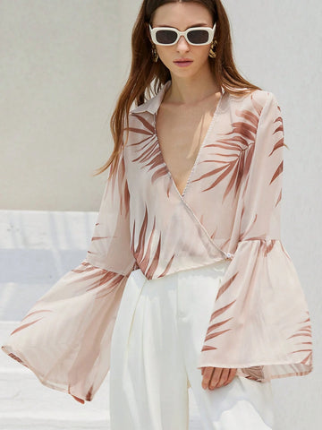 Modichic New Fashion Elegant French Style Women Vacation Beach Tropical Leaf Print Semi-Sheer Crisscross V-Neck Flare Long Sleeve Blouse