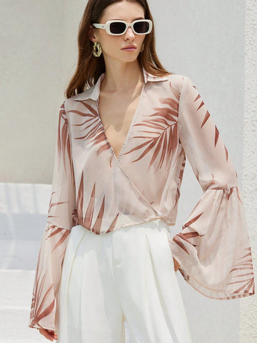 Modichic New Fashion Elegant French Style Women Vacation Beach Tropical Leaf Print Semi-Sheer Crisscross V-Neck Flare Long Sleeve Blouse
