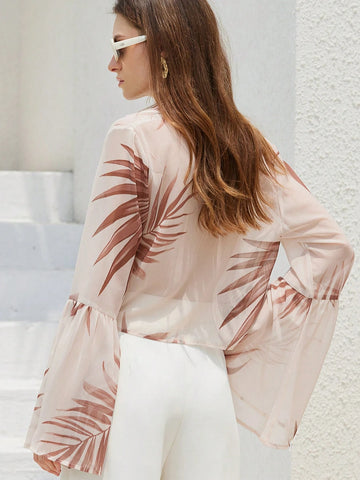 Modichic New Fashion Elegant French Style Women Vacation Beach Tropical Leaf Print Semi-Sheer Crisscross V-Neck Flare Long Sleeve Blouse