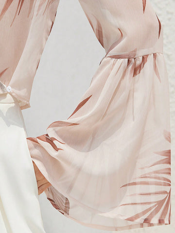 Modichic New Fashion Elegant French Style Women Vacation Beach Tropical Leaf Print Semi-Sheer Crisscross V-Neck Flare Long Sleeve Blouse