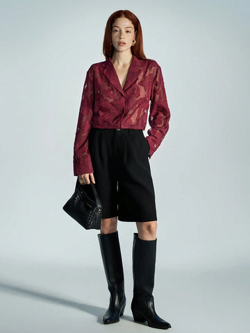 Modichic Premium Commuting French Casual Ankle Red Random Cut-Out Sheer Chiffon Long Sleeve Shirt With Lapel