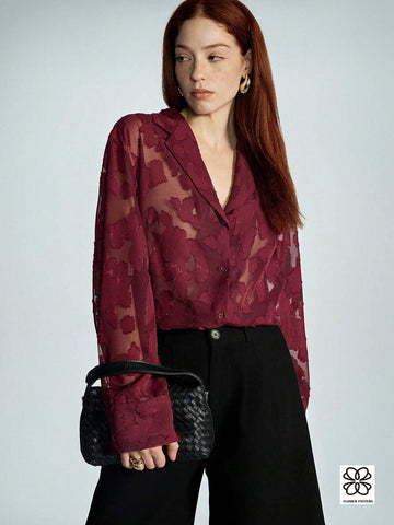 Modichic Premium Commuting French Casual Ankle Red Random Cut-Out Sheer Chiffon Long Sleeve Shirt With Lapel