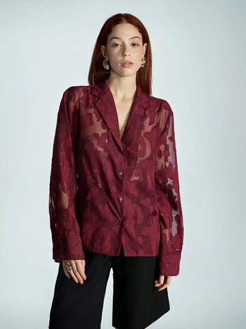 Modichic Premium Commuting French Casual Ankle Red Random Cut-Out Sheer Chiffon Long Sleeve Shirt With Lapel
