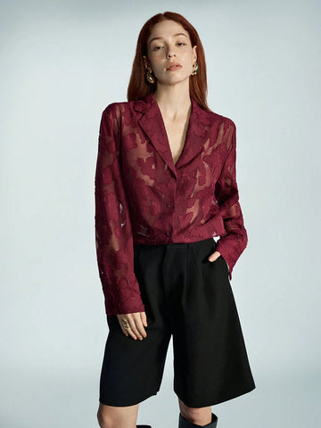 Modichic Premium Commuting French Casual Ankle Red Random Cut-Out Sheer Chiffon Long Sleeve Shirt With Lapel