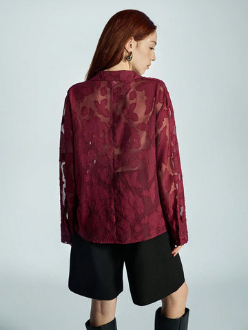 Modichic Premium Commuting French Casual Ankle Red Random Cut-Out Sheer Chiffon Long Sleeve Shirt With Lapel