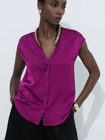 Aveloria Modichic Purple Textured Pleated Unique Material V-Neck With Small Stand Collar, Rhinestone & Pearl Embellished, Sleeveless Elegant Versatile Commuter Women Blouse