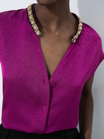 Aveloria Modichic Purple Textured Pleated Unique Material V-Neck With Small Stand Collar, Rhinestone & Pearl Embellished, Sleeveless Elegant Versatile Commuter Women Blouse