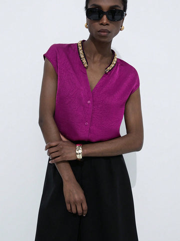 Aveloria Modichic Purple Textured Pleated Unique Material V-Neck With Small Stand Collar, Rhinestone & Pearl Embellished, Sleeveless Elegant Versatile Commuter Women Blouse