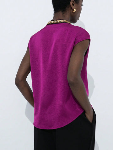 Aveloria Modichic Purple Textured Pleated Unique Material V-Neck With Small Stand Collar, Rhinestone & Pearl Embellished, Sleeveless Elegant Versatile Commuter Women Blouse
