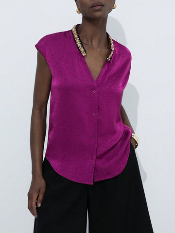 Aveloria Modichic Purple Textured Pleated Unique Material V-Neck With Small Stand Collar, Rhinestone & Pearl Embellished, Sleeveless Elegant Versatile Commuter Women Blouse