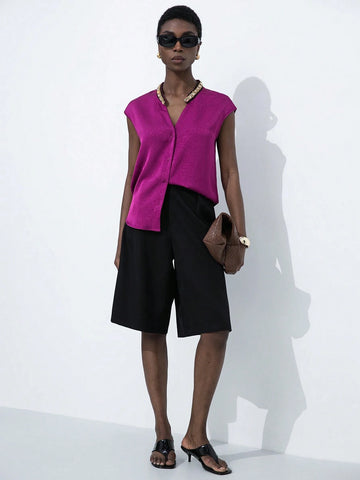 Aveloria Modichic Purple Textured Pleated Unique Material V-Neck With Small Stand Collar, Rhinestone & Pearl Embellished, Sleeveless Elegant Versatile Commuter Women Blouse