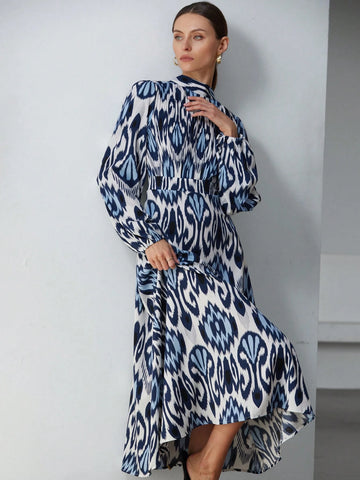 Aveloria Modichic Random Flower Southern French Vacation Boho Mixed Print Stand Collar Long Sleeve Long Dress For Women, Spring