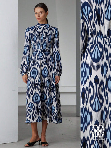 Aveloria Modichic Random Flower Southern French Vacation Boho Mixed Print Stand Collar Long Sleeve Long Dress For Women, Spring