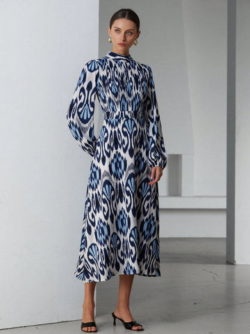 Aveloria Modichic Random Flower Southern French Vacation Boho Mixed Print Stand Collar Long Sleeve Long Dress For Women, Spring