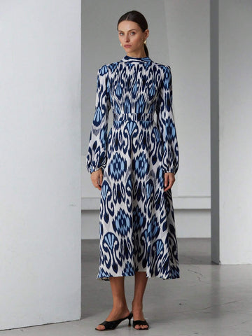 Aveloria Modichic Random Flower Southern French Vacation Boho Mixed Print Stand Collar Long Sleeve Long Dress For Women, Spring