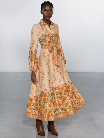 Aveloria Modichic Resort Placement Floral Button Collar Lantern Sleeve Placement Printed Tie-Up Long Sleeve Dress For Women