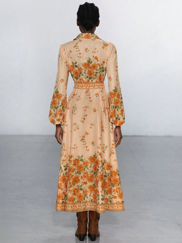 Aveloria Modichic Resort Placement Floral Button Collar Lantern Sleeve Placement Printed Tie-Up Long Sleeve Dress For Women
