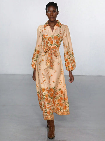 Aveloria Modichic Resort Placement Floral Button Collar Lantern Sleeve Placement Printed Tie-Up Long Sleeve Dress For Women