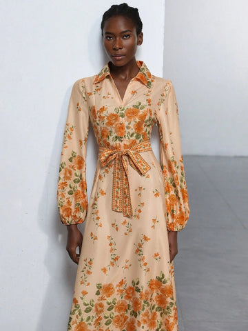 Aveloria Modichic Resort Placement Floral Button Collar Lantern Sleeve Placement Printed Tie-Up Long Sleeve Dress For Women