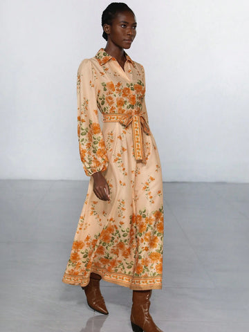 Aveloria Modichic Resort Placement Floral Button Collar Lantern Sleeve Placement Printed Tie-Up Long Sleeve Dress For Women