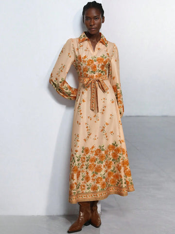 Aveloria Modichic Resort Placement Floral Button Collar Lantern Sleeve Placement Printed Tie-Up Long Sleeve Dress For Women