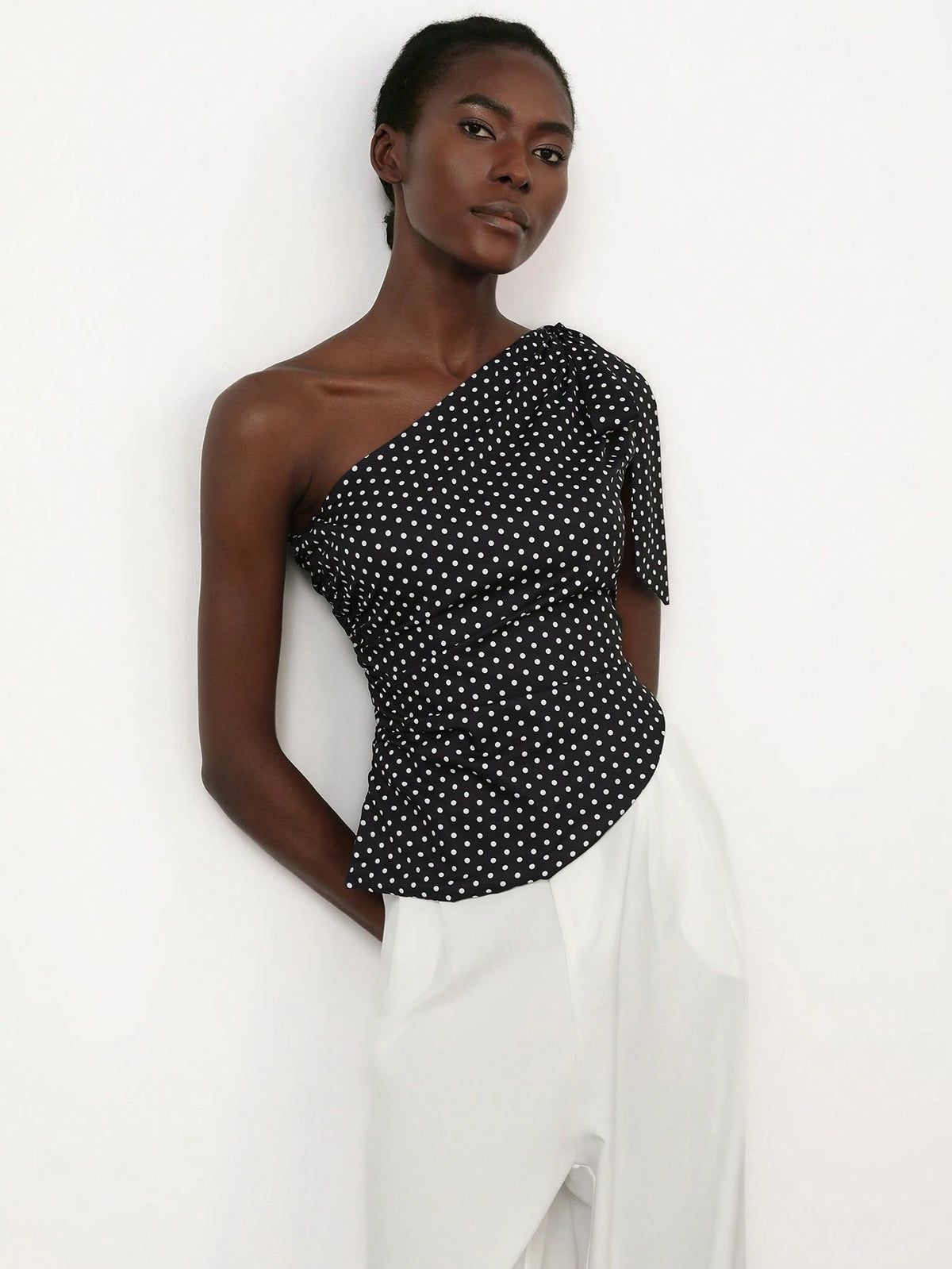 Aveloria Modichic Retro Romantic French Style Vintage Polka Dot Sleeveless One Shoulder Long Ribbon Cropped Shirt For Women