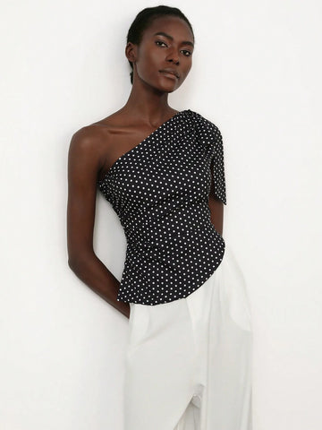 Aveloria Modichic Retro Romantic French Style Vintage Polka Dot Sleeveless One Shoulder Long Ribbon Cropped Shirt For Women