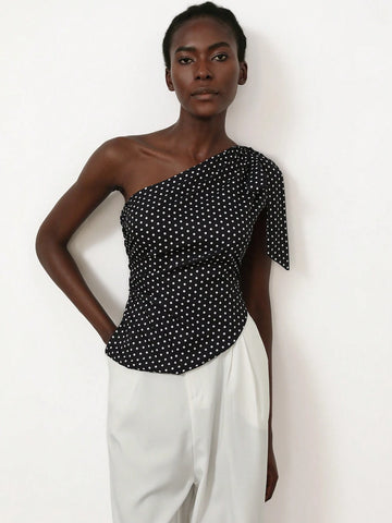 Aveloria Modichic Retro Romantic French Style Vintage Polka Dot Sleeveless One Shoulder Long Ribbon Cropped Shirt For Women