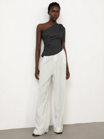 Aveloria Modichic Retro Romantic French Style Vintage Polka Dot Sleeveless One Shoulder Long Ribbon Cropped Shirt For Women