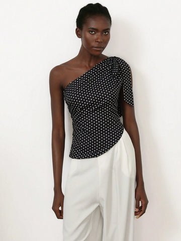 Aveloria Modichic Retro Romantic French Style Vintage Polka Dot Sleeveless One Shoulder Long Ribbon Cropped Shirt For Women