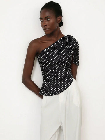 Aveloria Modichic Retro Romantic French Style Vintage Polka Dot Sleeveless One Shoulder Long Ribbon Cropped Shirt For Women