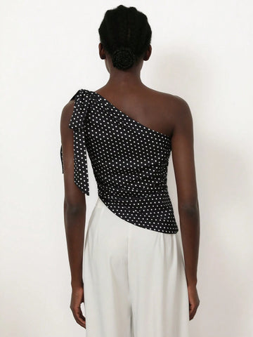 Aveloria Modichic Retro Romantic French Style Vintage Polka Dot Sleeveless One Shoulder Long Ribbon Cropped Shirt For Women