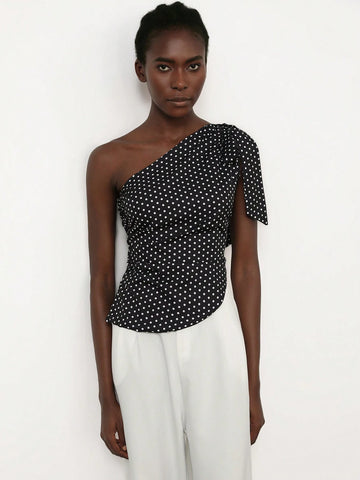 Aveloria Modichic Retro Romantic French Style Vintage Polka Dot Sleeveless One Shoulder Long Ribbon Cropped Shirt For Women