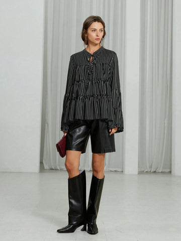 Modichic Romantic Doll Version Classic Striped Long Sleeve Tie-Up A-Line Shirt