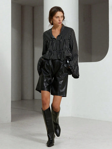 Modichic Romantic Doll Version Classic Striped Long Sleeve Tie-Up A-Line Shirt