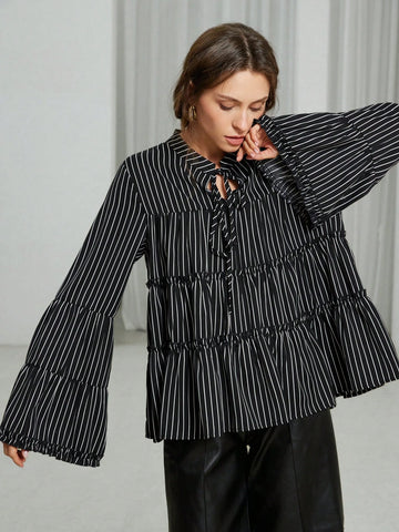 Modichic Romantic Doll Version Classic Striped Long Sleeve Tie-Up A-Line Shirt