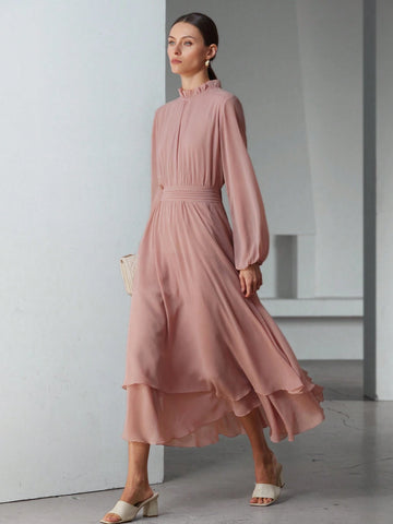 Aveloria Modichic Romantic French Style Ruffle Hem Decor Waist Flattering V-Neck Chiffon Dress For Women