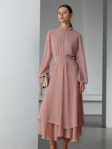 Aveloria Modichic Romantic French Style Ruffle Hem Decor Waist Flattering V-Neck Chiffon Dress For Women