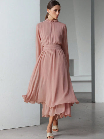 Aveloria Modichic Romantic French Style Ruffle Hem Decor Waist Flattering V-Neck Chiffon Dress For Women