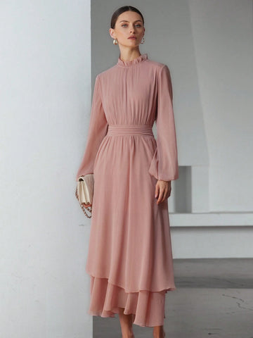 Aveloria Modichic Romantic French Style Ruffle Hem Decor Waist Flattering V-Neck Chiffon Dress For Women