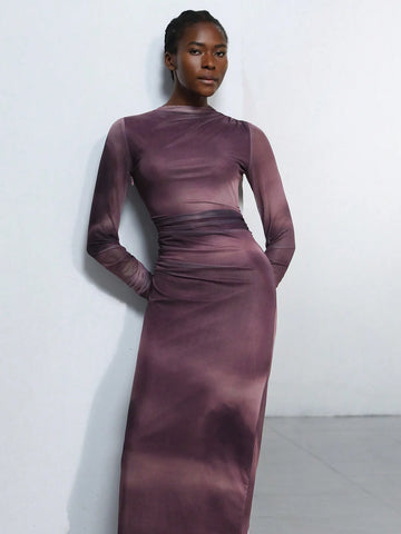 Aveloria Modichic Ruched Ombred Mesh Long Sleeve Bodycon Dress For Women