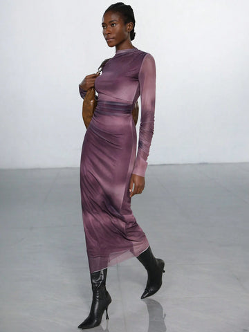 Aveloria Modichic Ruched Ombred Mesh Long Sleeve Bodycon Dress For Women