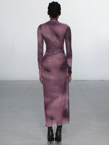 Aveloria Modichic Ruched Ombred Mesh Long Sleeve Bodycon Dress For Women