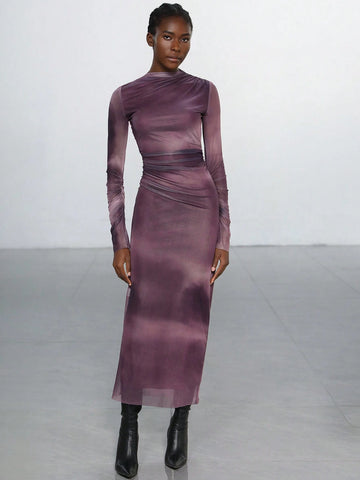 Aveloria Modichic Ruched Ombred Mesh Long Sleeve Bodycon Dress For Women