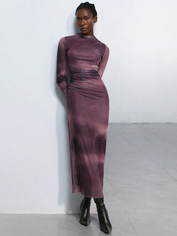Aveloria Modichic Ruched Ombred Mesh Long Sleeve Bodycon Dress For Women