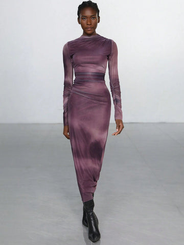 Aveloria Modichic Ruched Ombred Mesh Long Sleeve Bodycon Dress For Women