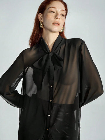Modichic Sexy Minimalist Semi-Sheer V-Neck Tie Collar Ribbon Button Down Long Sleeve