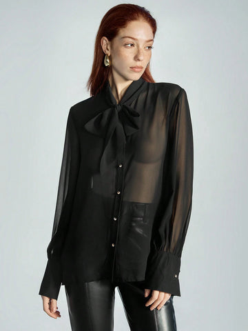 Modichic Sexy Minimalist Semi-Sheer V-Neck Tie Collar Ribbon Button Down Long Sleeve