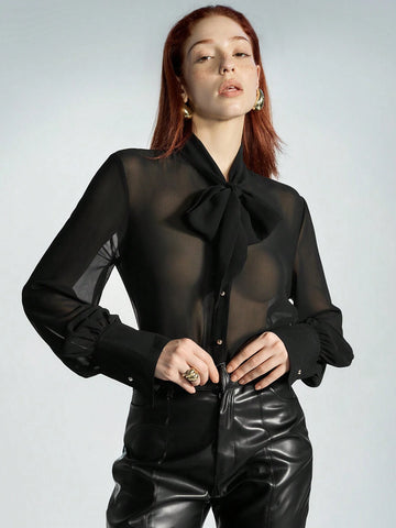 Modichic Sexy Minimalist Semi-Sheer V-Neck Tie Collar Ribbon Button Down Long Sleeve